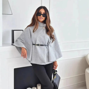 Women's belted wrap stand collar winter wool cape - Claret
