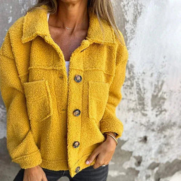 Women's borg button-front collared winter jacket with patch pockets