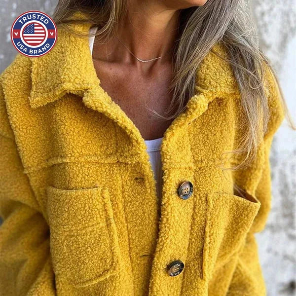 Women's borg button-front collared winter jacket with patch pockets