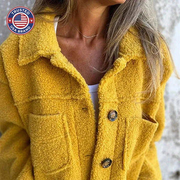 Women's borg button-front collared winter jacket with patch pockets