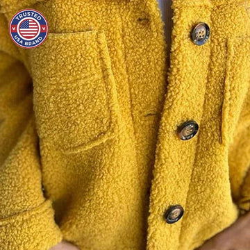 Women's borg button-front collared winter jacket with patch pockets