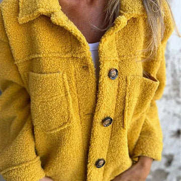 Women's borg button-front collared winter jacket with patch pockets