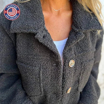 Women's borg button-front collared winter jacket with patch pockets