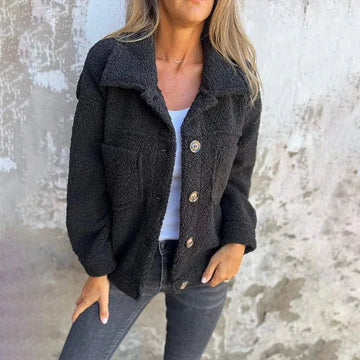 Women's borg button-front collared winter jacket with patch pockets