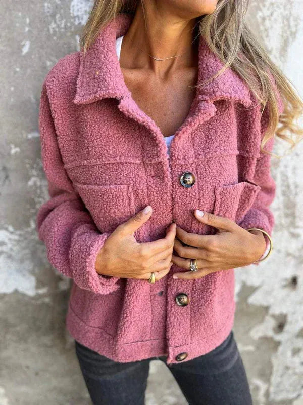 Women's borg button-front collared winter jacket with patch pockets