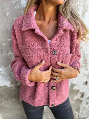 Women's borg button-front collared winter jacket with patch pockets