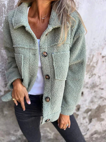 Women's borg button-front collared winter jacket with patch pockets
