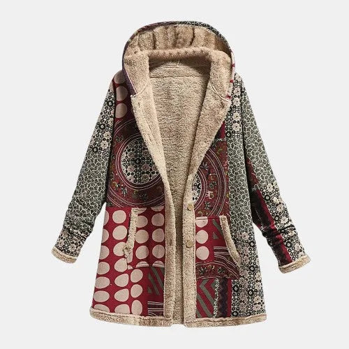 Women's borg button-front hooded winter cardigan with patchwork print