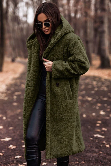 Women's borg button-front hooded winter long coat - Beige