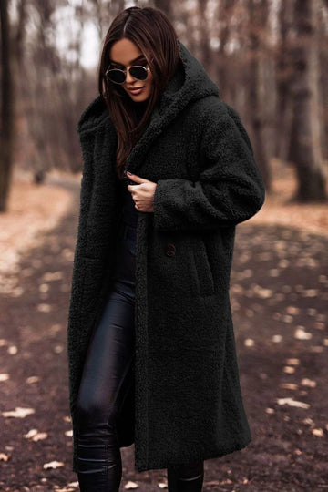 Women's borg button-front hooded winter long coat - Beige