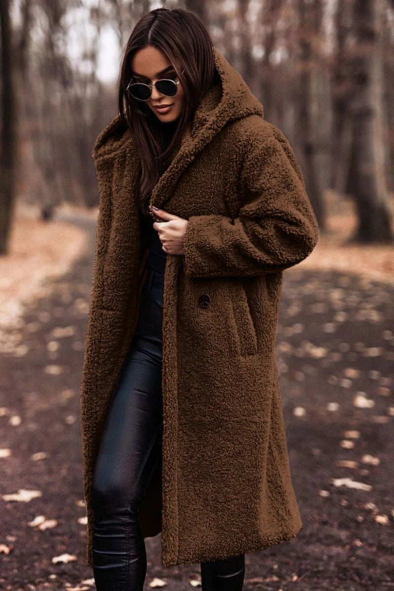 Women's borg button-front hooded winter long coat - Beige