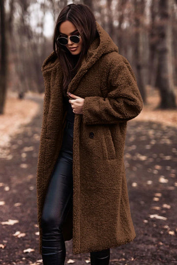 Women's borg button-front hooded winter long coat - Beige
