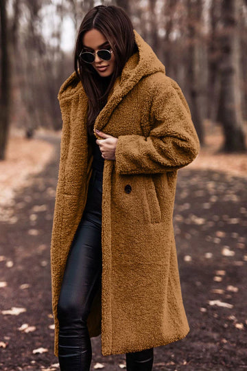 Women's borg button-front hooded winter long coat - Beige