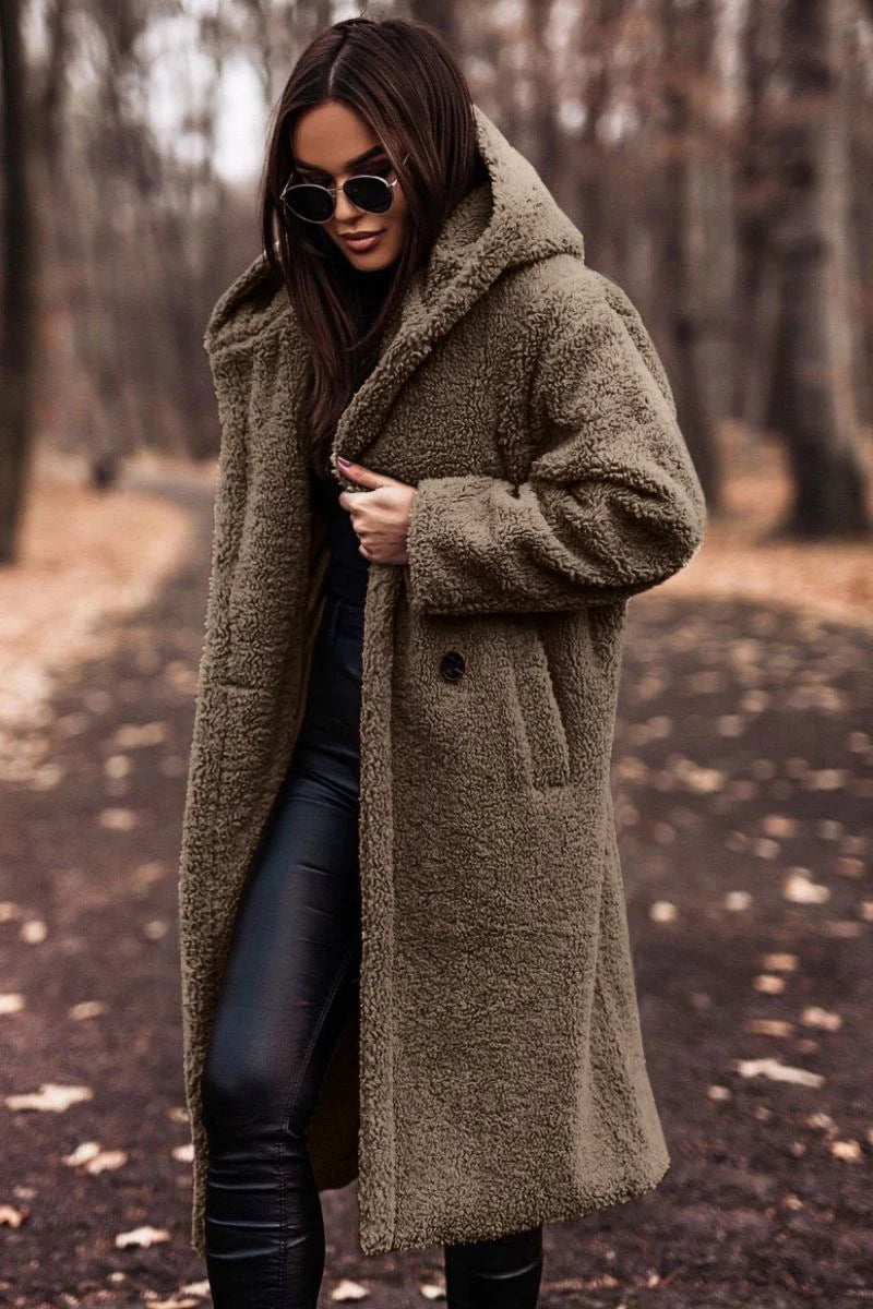 Women's borg button-front hooded winter long coat - Beige
