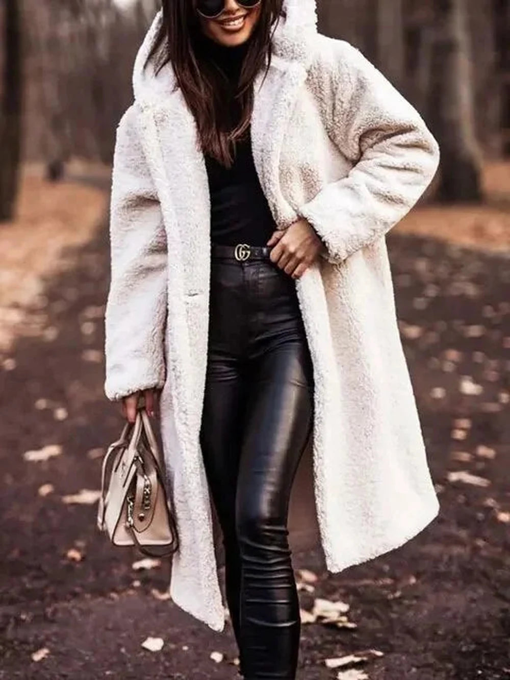 Women's borg button-front hooded winter long coat - Beige