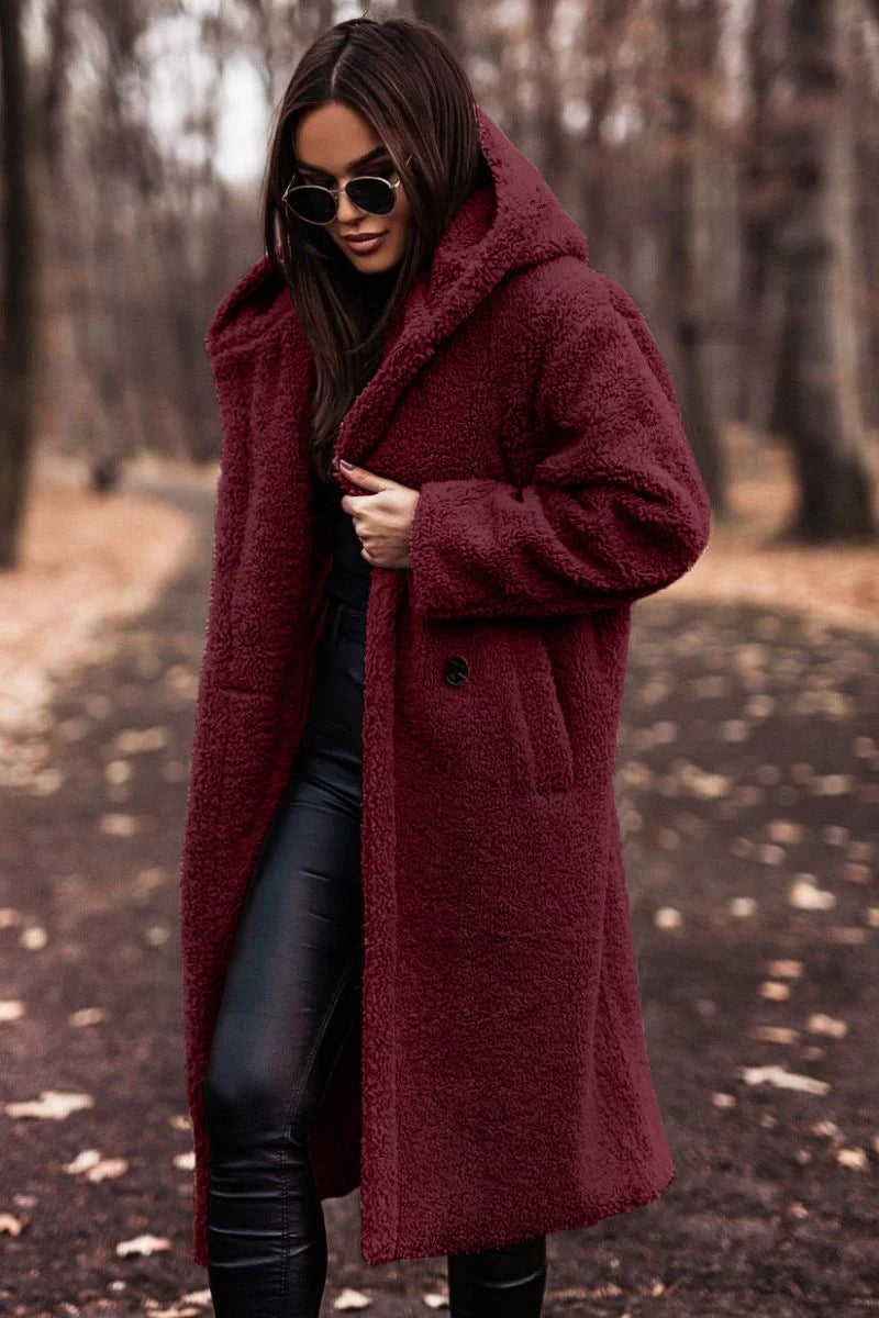 Women's borg button-front hooded winter long coat - Beige