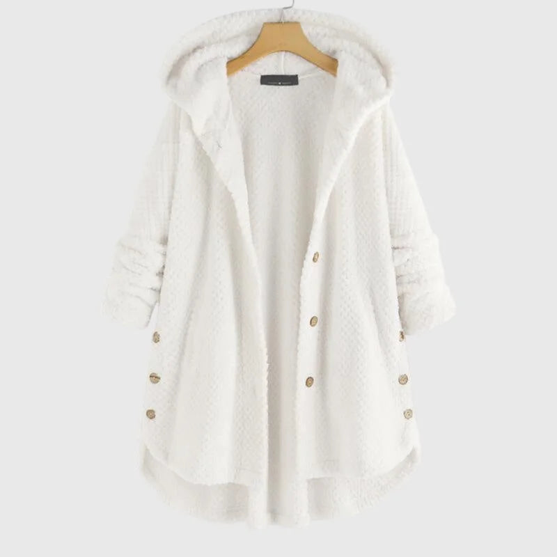 Women's borg button-front hooded winter long coat with curved hem - White