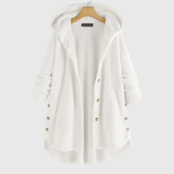 Women's borg button-front hooded winter long coat with curved hem - White