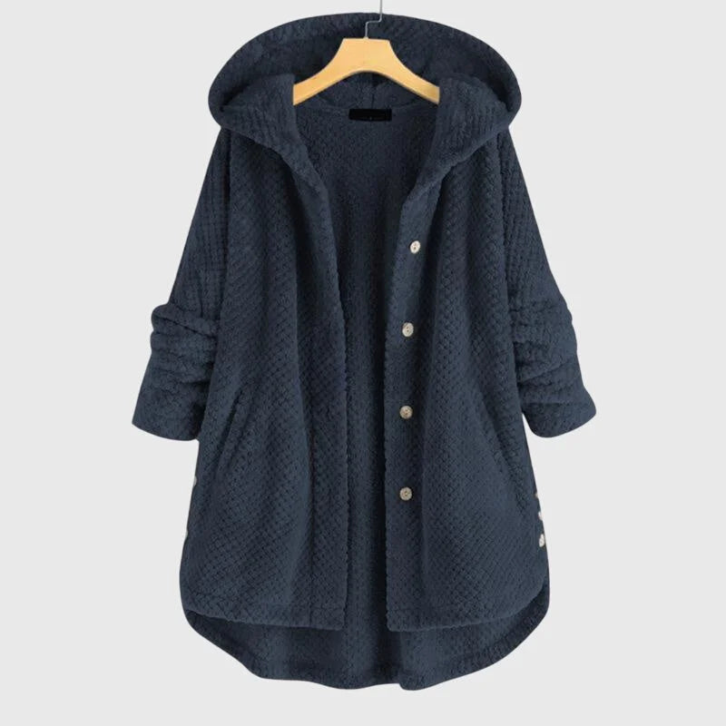 Women's borg button-front hooded winter long coat with curved hem - White