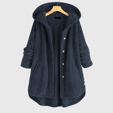 Women's borg button-front hooded winter long coat with curved hem - White