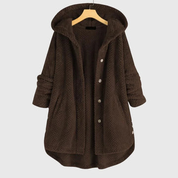 Women's borg button-front hooded winter long coat with curved hem - White