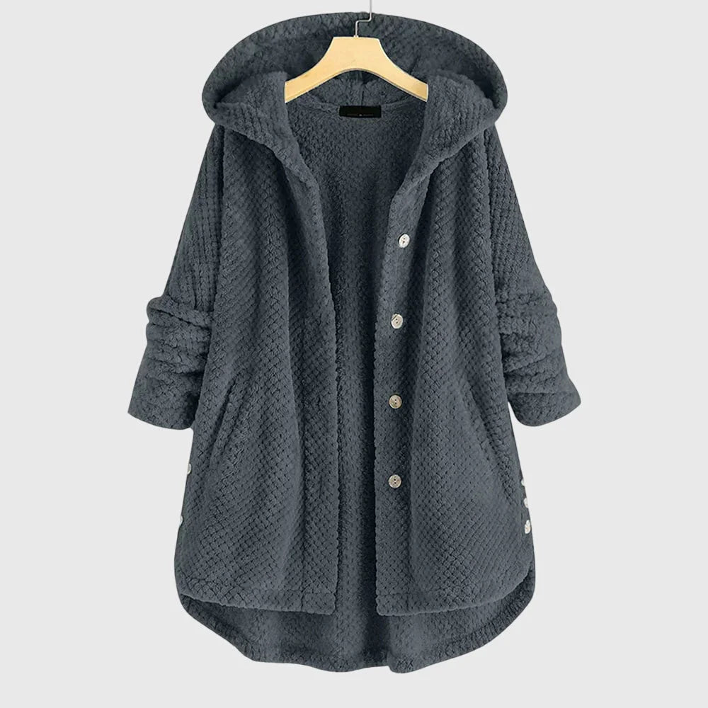 Women's borg button-front hooded winter long coat with curved hem - White