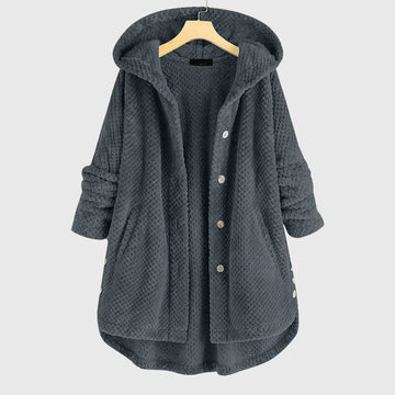 Women's borg button-front hooded winter long coat with curved hem - White
