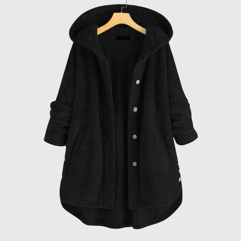 Women's borg button-front hooded winter long coat with curved hem - White