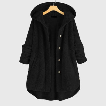 Women's borg button-front hooded winter long coat with curved hem - White