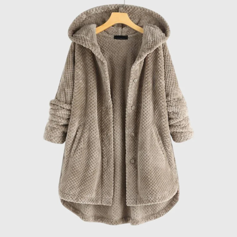 Women's borg button-front hooded winter long coat with curved hem - White