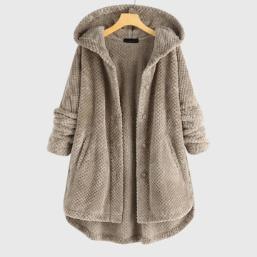 Women's borg button-front hooded winter long coat with curved hem - White