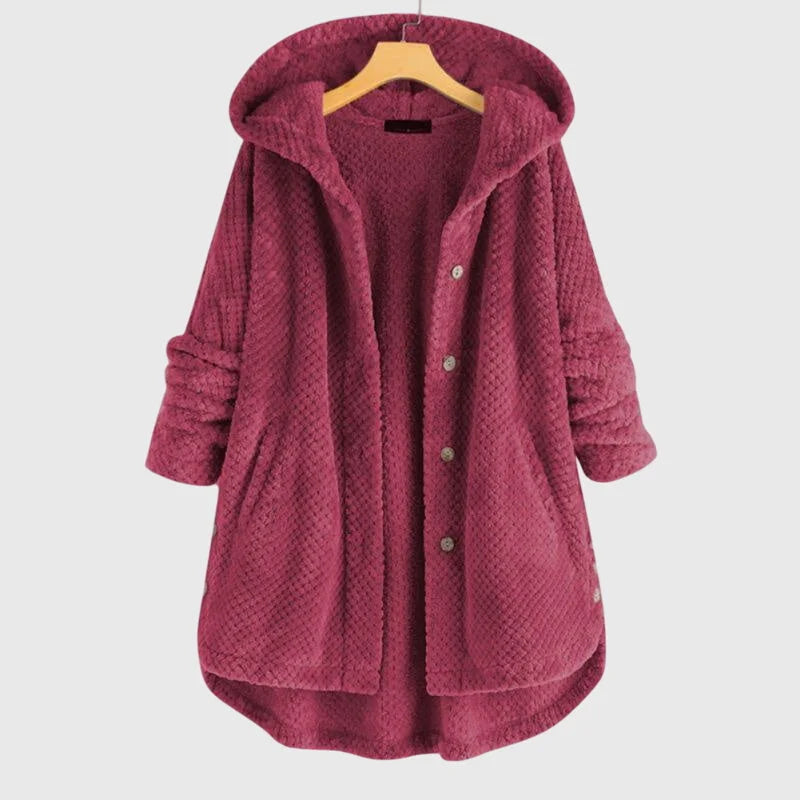 Women's borg button-front hooded winter long coat with curved hem - White