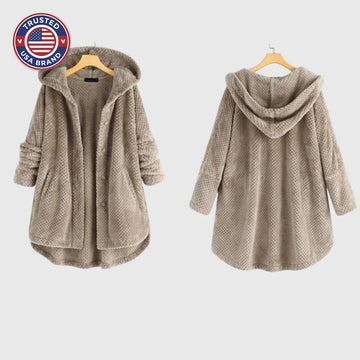 Women's borg button-front hooded winter long coat with curved hem - White