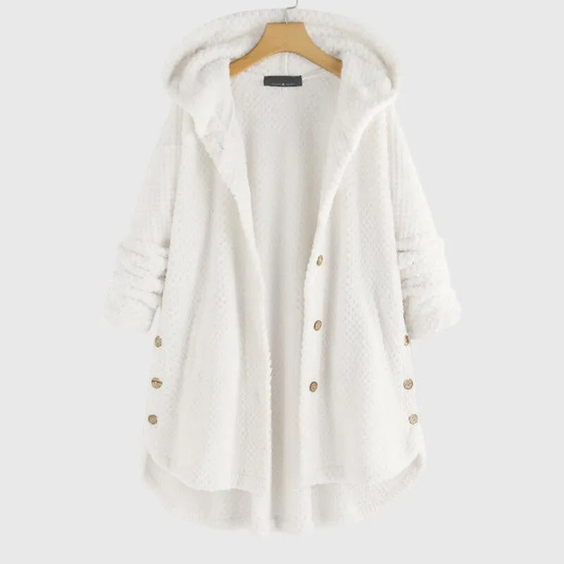 Women's borg button-front hooded winter long coat with high-low curved hem