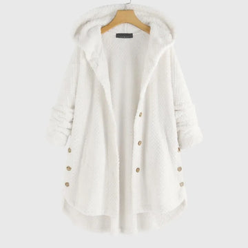 Women's borg button-front hooded winter long coat with high-low curved hem
