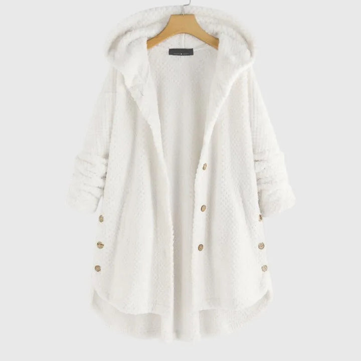 Women's borg button-front hooded winter long coat with high-low curved hem