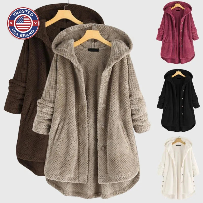 Women's borg button-front hooded winter long coat with high-low curved hem
