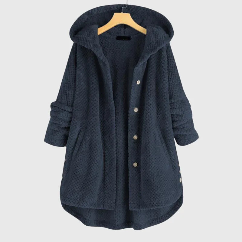 Women's borg button-front hooded winter long coat with high-low curved hem