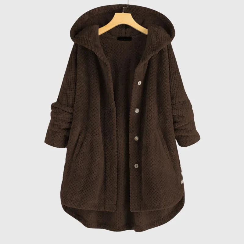 Women's borg button-front hooded winter long coat with high-low curved hem