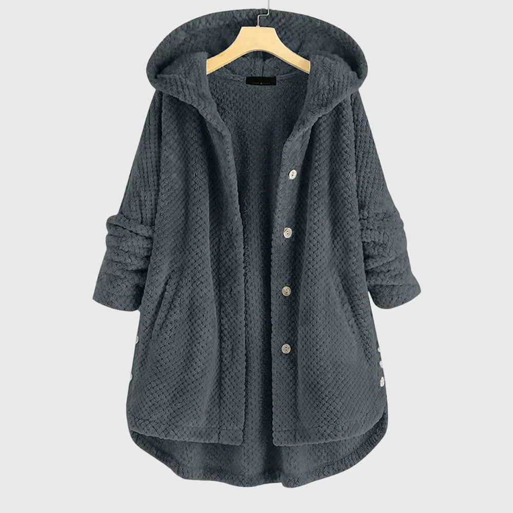 Women's borg button-front hooded winter long coat with high-low curved hem