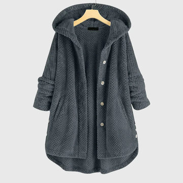 Women's borg button-front hooded winter long coat with high-low curved hem