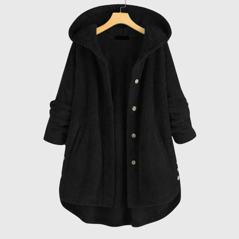 Women's borg button-front hooded winter long coat with high-low curved hem