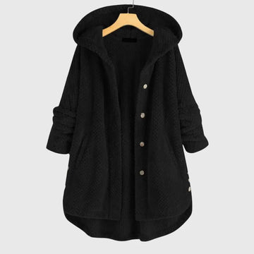 Women's borg button-front hooded winter long coat with high-low curved hem