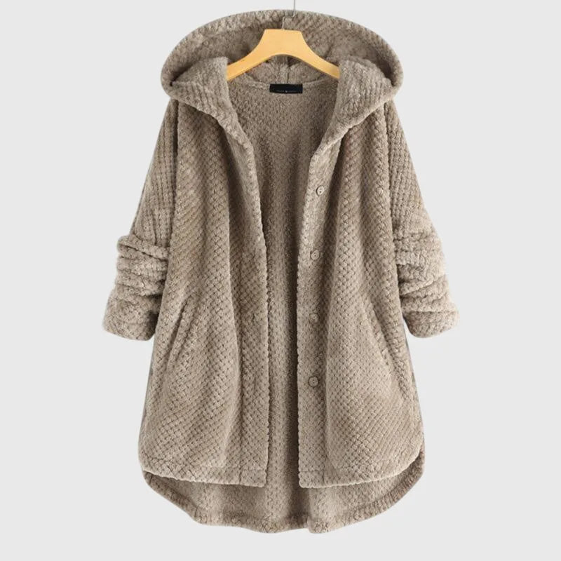 Women's borg button-front hooded winter long coat with high-low curved hem