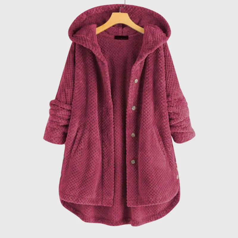 Women's borg button-front hooded winter long coat with high-low curved hem