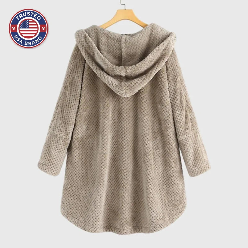 Women's borg button-front hooded winter long coat with high-low curved hem