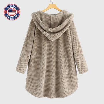 Women's borg button-front hooded winter long coat with high-low curved hem