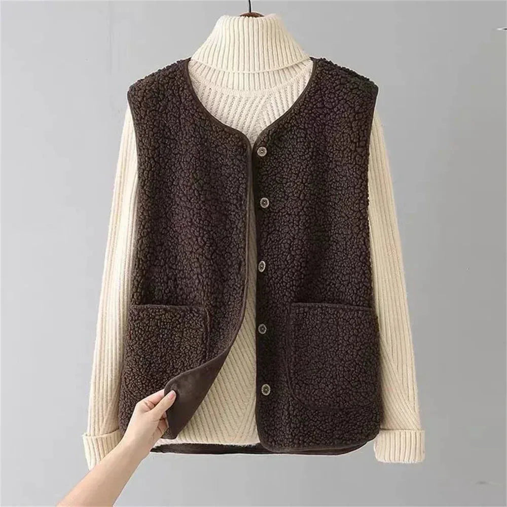 Women's borg button-front v-neck winter vest with patch pockets