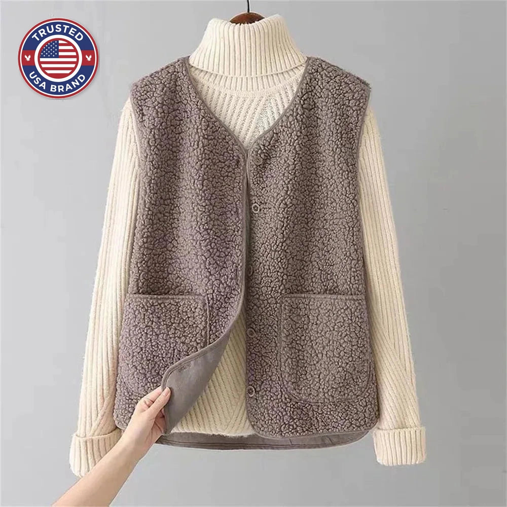 Women's borg button-front v-neck winter vest with patch pockets