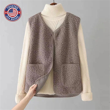 Women's borg button-front v-neck winter vest with patch pockets